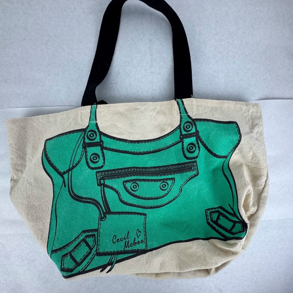 Cecil McBee Canvas Tote Bag Teal Green Trompe L'oeil Graphic Shopper Harajuku